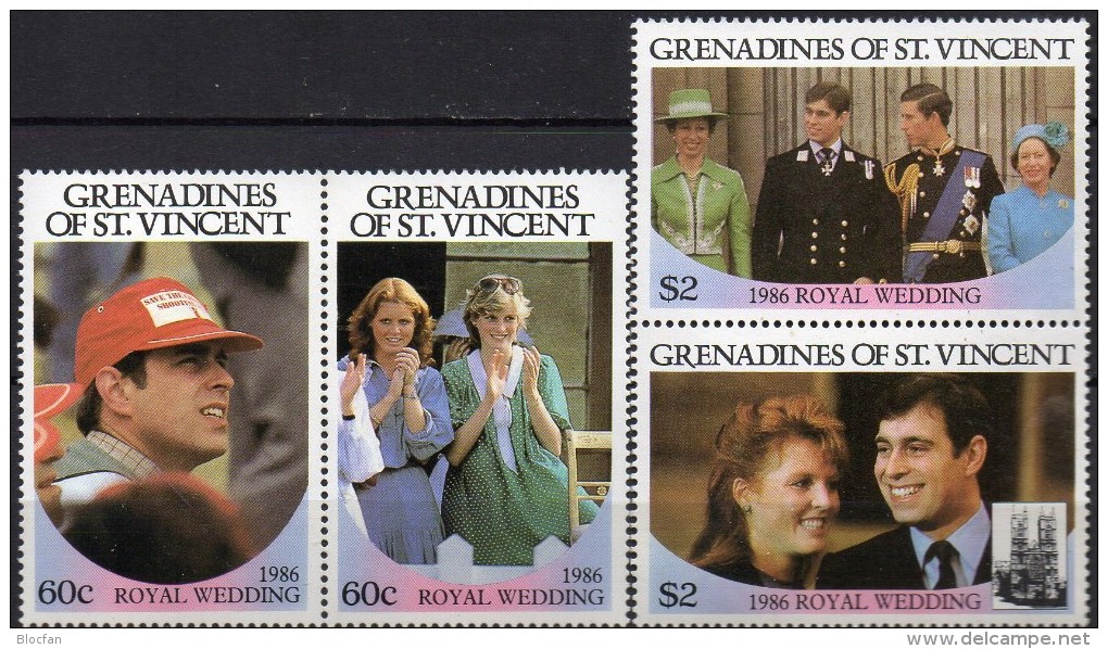 Ferguson/Andrew Hochzeit 1986 Grenadinen 497/0+ Paar ** 14€ Charles/ Lady Diana Und Familie Honey-moon Se-tenant Vincent - St.Vincent & Grenadines