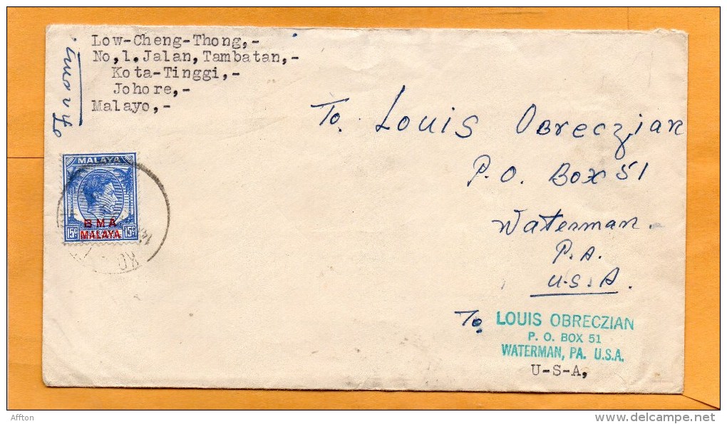 Kota Tinngi Yohore Malaya 1949 Cover Mailed To USA - Malaya (British Military Administration)