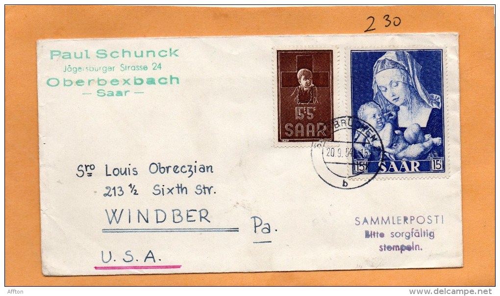 Saar 1954 Cover Mailed To USA - FDC