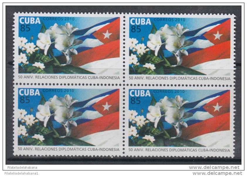 2010.52 CUBA 2010 MNH. 50 ANIV DE LAS RELACIONES DE CUBA-INDONESIA. BLOQUE DE 4. - Unused Stamps