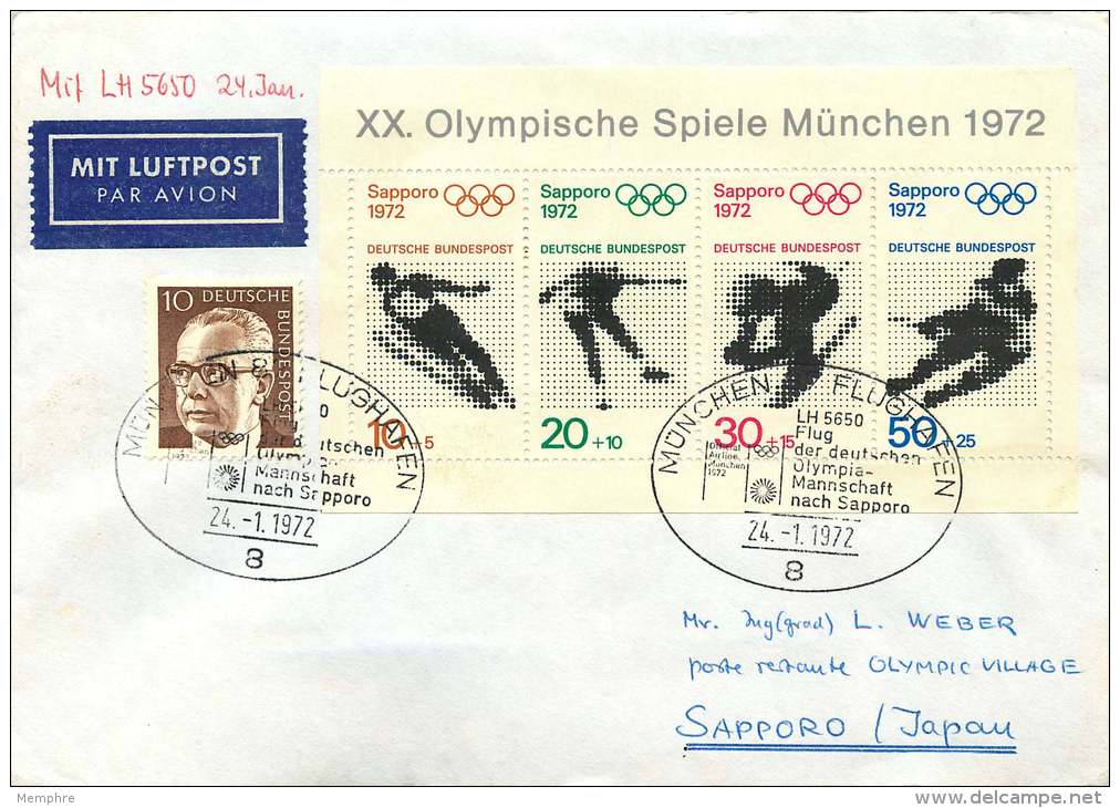 1972  Flug Der Deutsches OlympiaMannschaft Nach Sapporo   OlympiaBlock MiNr Block 6 - Briefe U. Dokumente