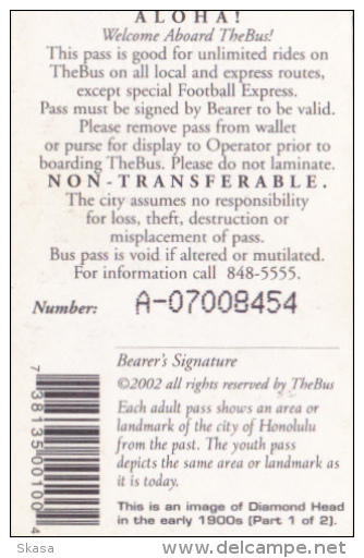 Ticket De Bus Mensuel Hawaï TheBus Juillet 2002 - Monde