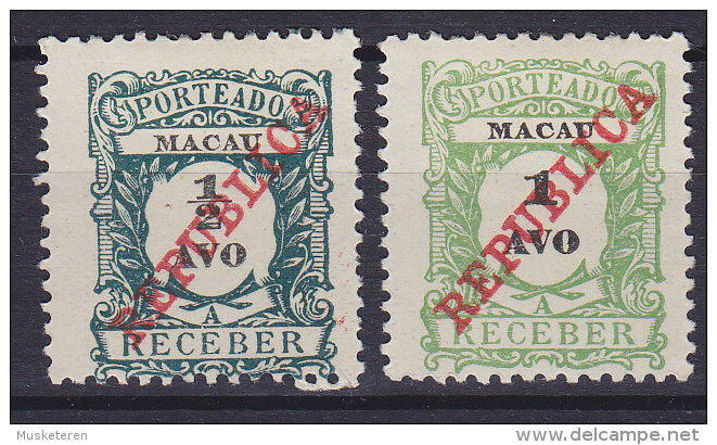 Macau 1911 Mi. 11-12   Ziffernzeichnung Portomarken Overprinted REPUBLICA, MH* - Timbres-taxe