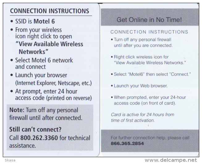 Etats Unis, 2 Cartes Accès Internet Hôtels Accor - Motel 6 - Altri & Non Classificati