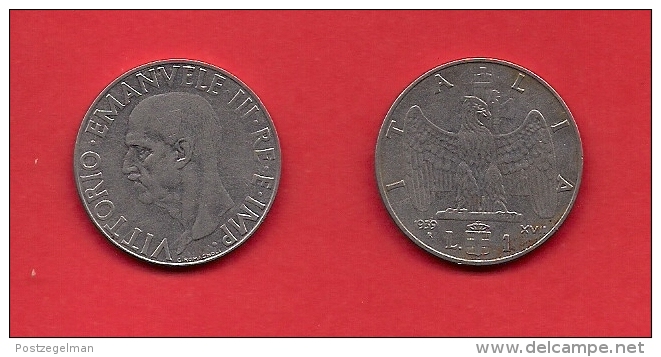ITALY, 1939, Circulated Coin XF, 1 Lira, Nickel Magnetic, KM77b, C1918 - 1900-1946 : Victor Emmanuel III & Umberto II