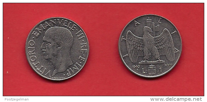 ITALY, 1940, Circulated Coin XF, 1 Lira, Nickel NON Magnetic, KM77a, C1919 - 1900-1946 : Victor Emmanuel III & Umberto II