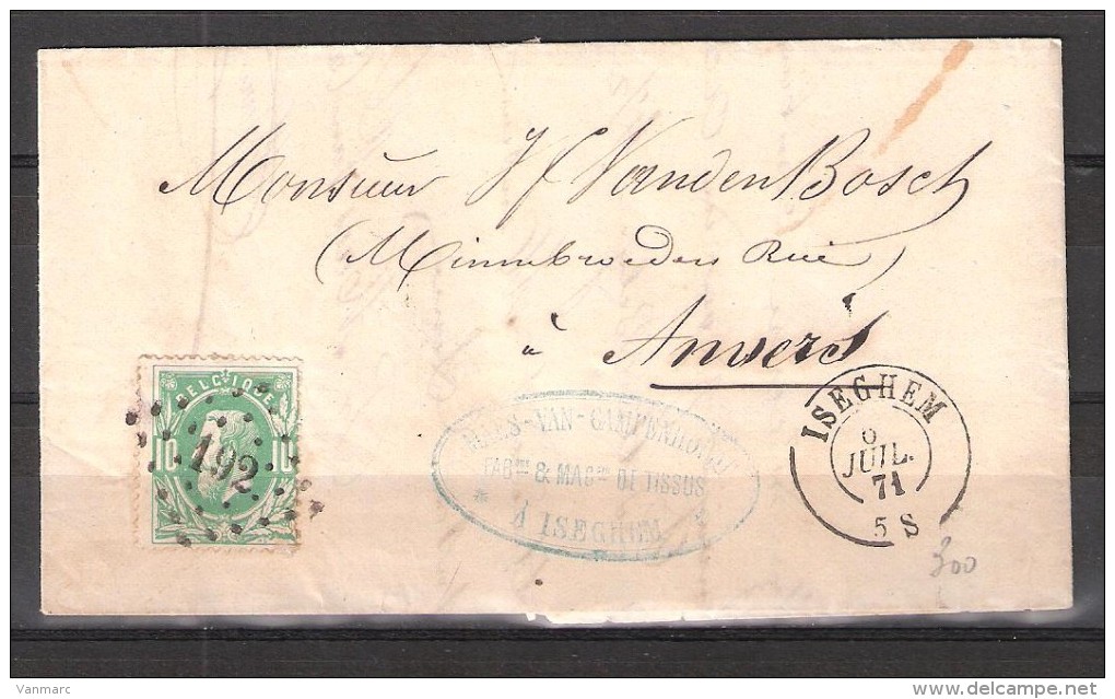 30 S/lettre De Iseghem Pour Anvers. - 1869-1883 Leopold II