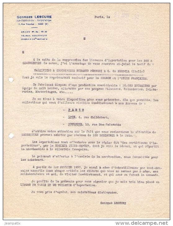 Lettre (1949) - Georges Lescure - Représentation- Exportation - PARIS (8ème) - 1900 – 1949