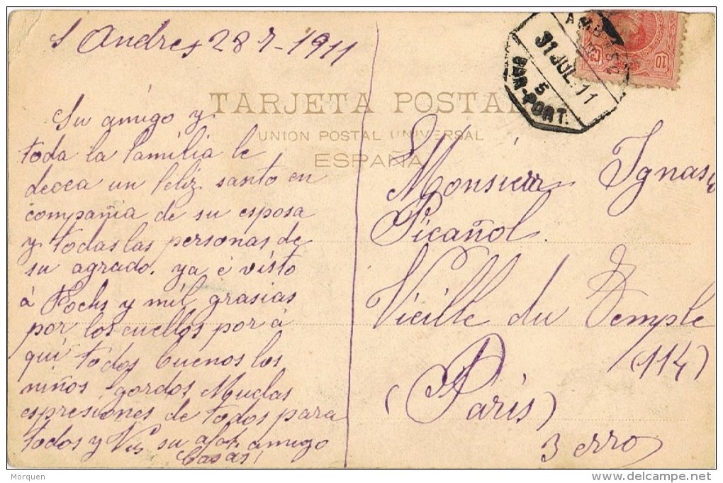 7668. Postal SAN ANDRES PALOMAR (Barcelona) 1911. AMBULANTE Ferrocarril - Cartas & Documentos