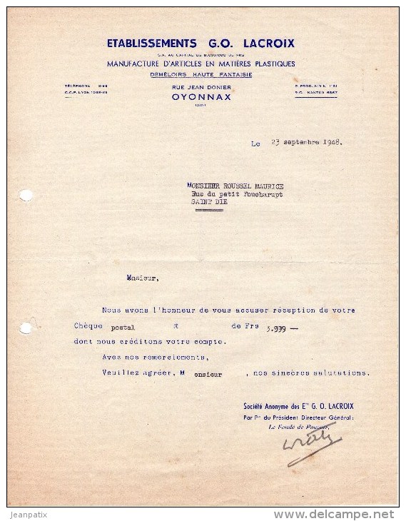 Facture - Lettre (1948) - Articles En Matières Plastiques - Ets G. O. LACROIX - OYONNAX (Ain) - 1900 – 1949