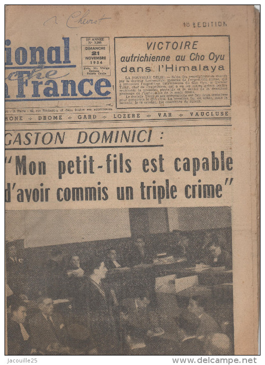 JOURNAL PRESSE  LE MERIDIONAL LA FRANCE 21 NOVEMBRE 1954 - Autres & Non Classés