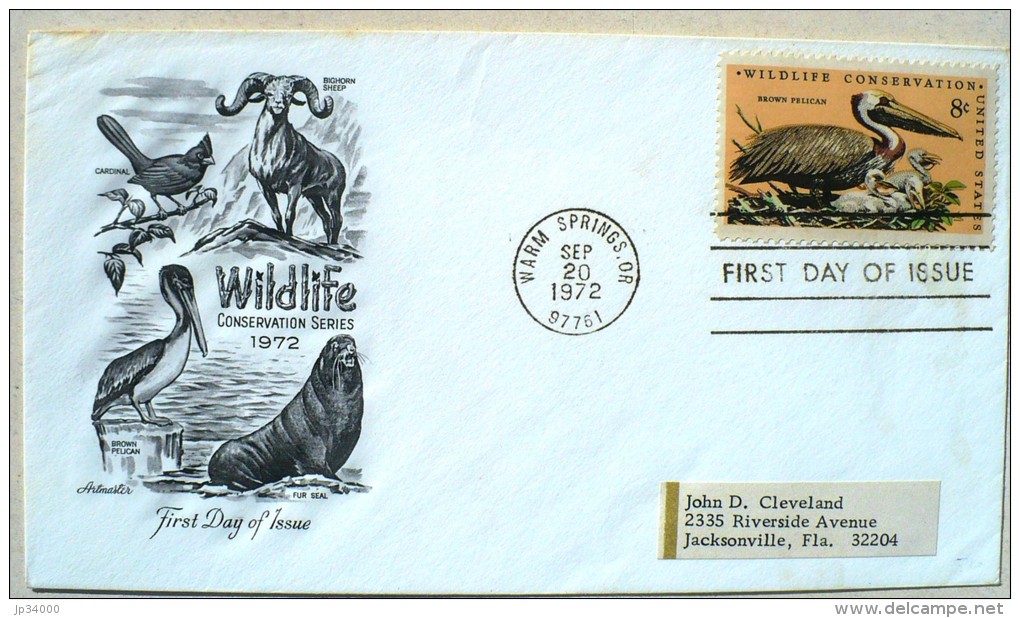 ETATS UNIS Pelican. Yvert 965. FDC Enveloppe 1er Jour. 20/09/1972 - Pelícanos