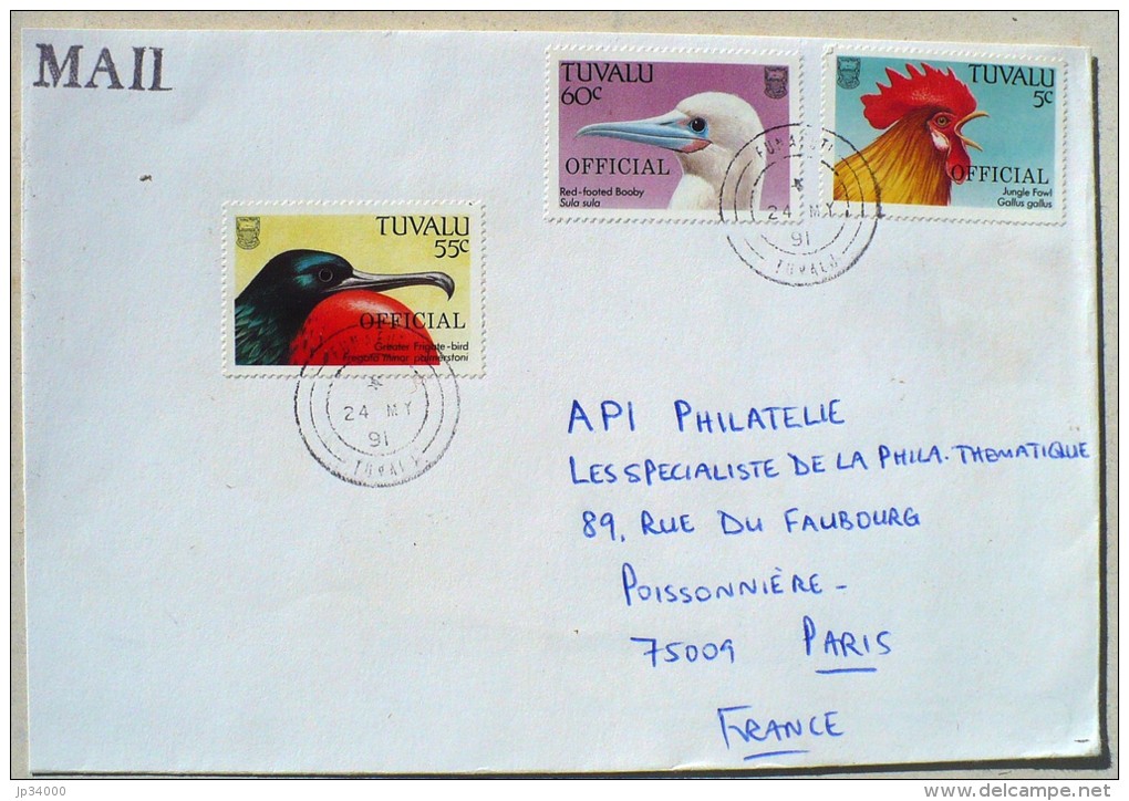 TUVALU Poule, Gallinacée, Coq, Lettre Ayant Voyagée  24/05/1991. Timbres Surchargés OFFICIAL - Gallinacées & Faisans