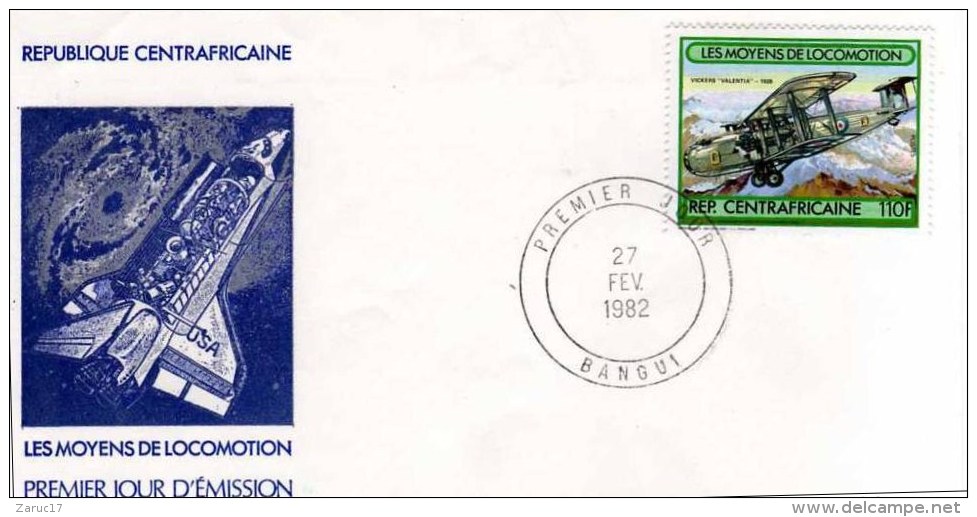 Enveloppe 1er Premier Jour Emission 27 FEVRIER 1982 BANGUI 110F Moyen Locomotion AVION NAVETTE REPUBLIQUE CENTRAFRICAINE - Africa