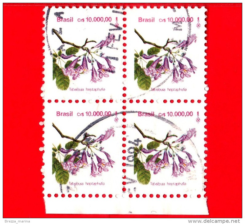 BRASILE - 1992 - USATO - Fiori Brasiliani - Flowers - Tabebuia Heptaphylla - 10.000 - Quartina - Usados