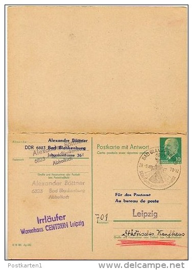 DDR P77 Postkarte Mit Antwort ZUDRUCK #4 IRRLÄUFER + Sost. MESSE LEIPZIG 1970 - Private Postcards - Used