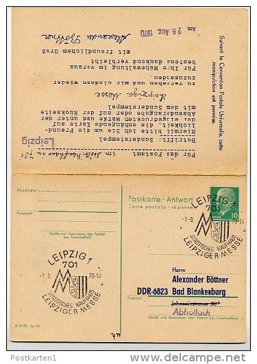 DDR P77 Postkarte Mit Antwort ZUDRUCK #4 IRRLÄUFER + Sost. MESSE LEIPZIG 1970 - Private Postcards - Used