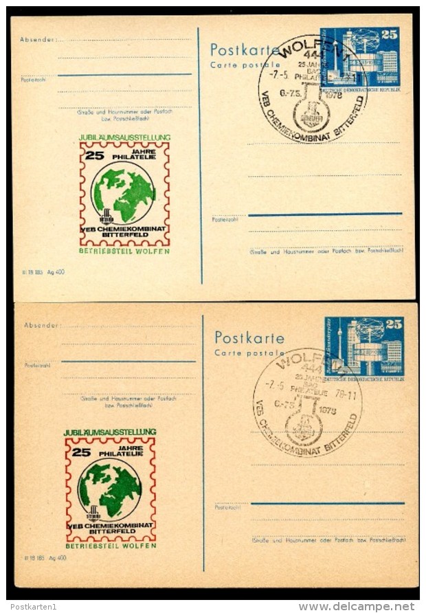 DDR P80-2-77 C7 2 Postkarten FARBVARIANTEN Zudruck Chemiekombinat Bitterfeld Sost. 1978 - Cartes Postales Privées - Oblitérées