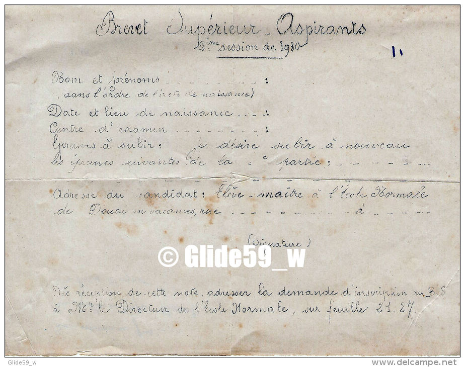 Brevet Supérieur - Aspirants - 2ème Session De 1930 (Ecole Normale De Douai) (document Vierge) - Diplome Und Schulzeugnisse