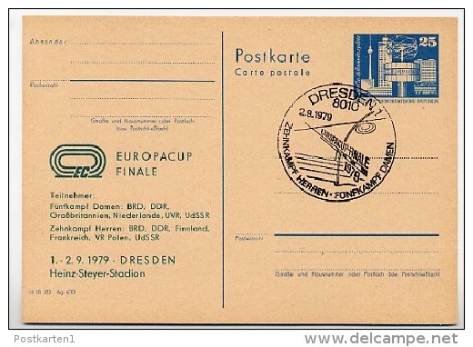DDR P80-10-79 C18 Postkarte PRIVATER ZUDRUCK Europa-Cup Finale Dresden Sost. 1979 - Cartes Postales Privées - Oblitérées