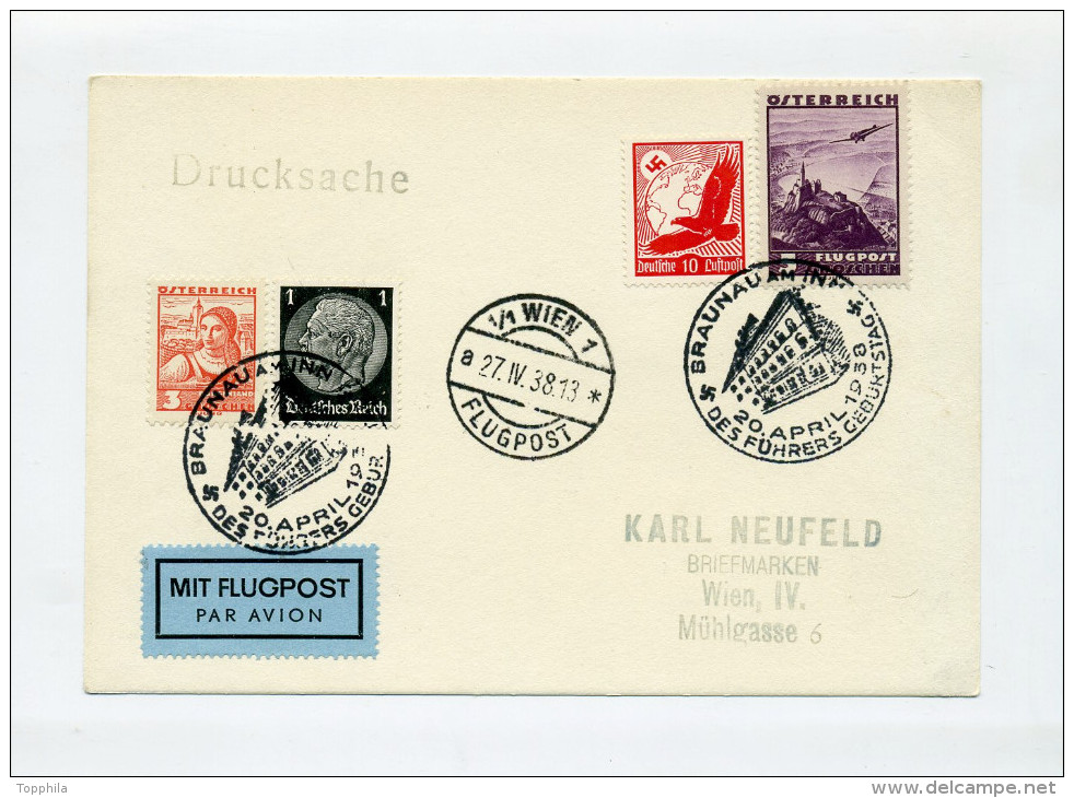 1938 3. Reich Österreichanschluss Karte Drucksache Als Luftpost Mischfrankatur Nach Wien - Briefe U. Dokumente