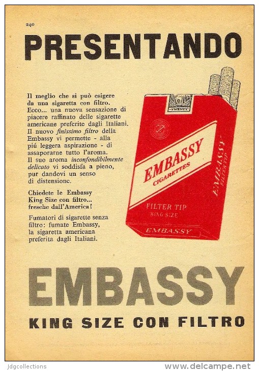 # EMBASSY CIGARETTES U.S.A. 1950s Advert Pubblicità Publicitè Reklame Sigarette Cigarrillos Zigaretten Tabak - Autres & Non Classés