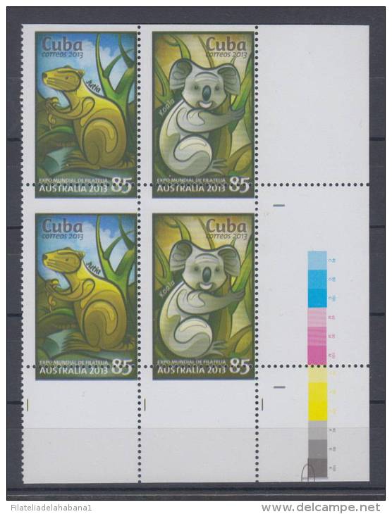 2013.84 CUBA 2013 MNH BLOQUE 4 . ERROR DE PERFORACION. PERFORATION ERROR. EXPO MUNDIAL DE FILATELIA AUSTRALIA . KOALA Y - Imperforates, Proofs & Errors