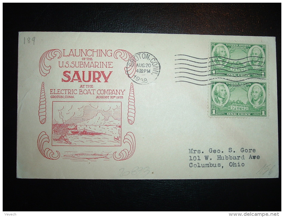 LETTRE TP USA 1C + 1C OBL.MEC. AUG 20 1938 GROTON, CONN. + U.S.. SUBMARINE SAURY + ELECTRIC BOAT COMPANY - Submarines