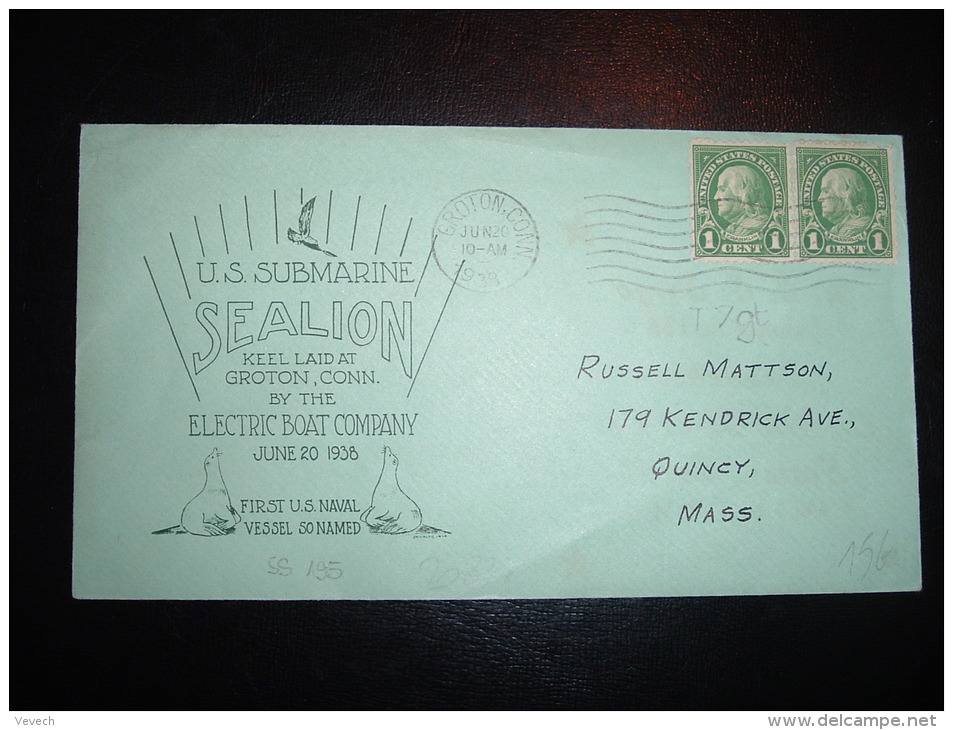 LETTRE TP USA 1C + 1C OBL.MEC. JUNE 20 1938 GROTON, CONN. + U.S. SUBMARINE SEALION + ELECTRIC BOAT COMPANY - Submarines