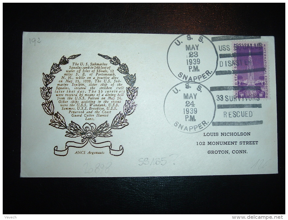 LETTRE TP USA 3C OBL.MEC. MAY 23 1939 + MAY 24 1939 U.S.S. SNAPPER + U.S. SUBMARINE SQUALUS - Sous-marins