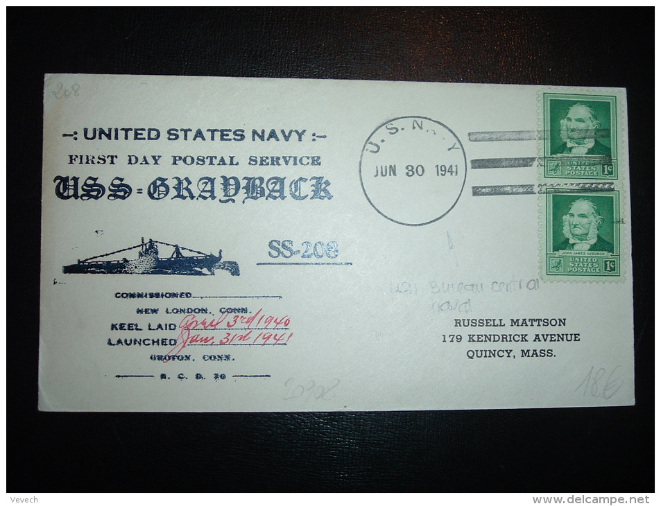 LETTRE TP USA 1C + 1C OBL.MEC. JUN 30 1941 U.S. NAVY + USS GRADBACK SS-208 - Submarines