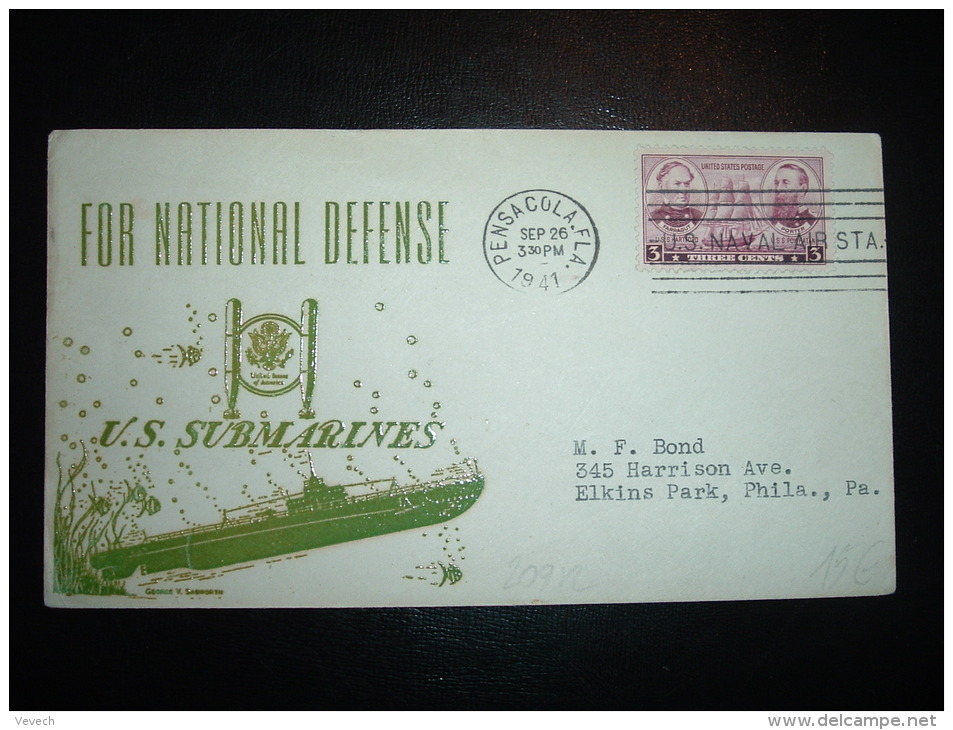 LETTRE TP USA 3C OBL.MEC. SEP 26 1941 PENSACOLA, FLA. + U.S. SUBMARINES  FOR NATIONAL DEFENSE - Sous-marins