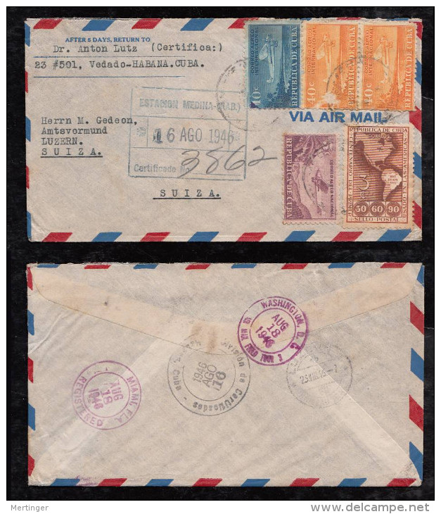 Kuba Cuba 1946 Registered Airmail Cover ESTACION MEDINA To LUZERN Olho De Boi Stamp - Cartas & Documentos