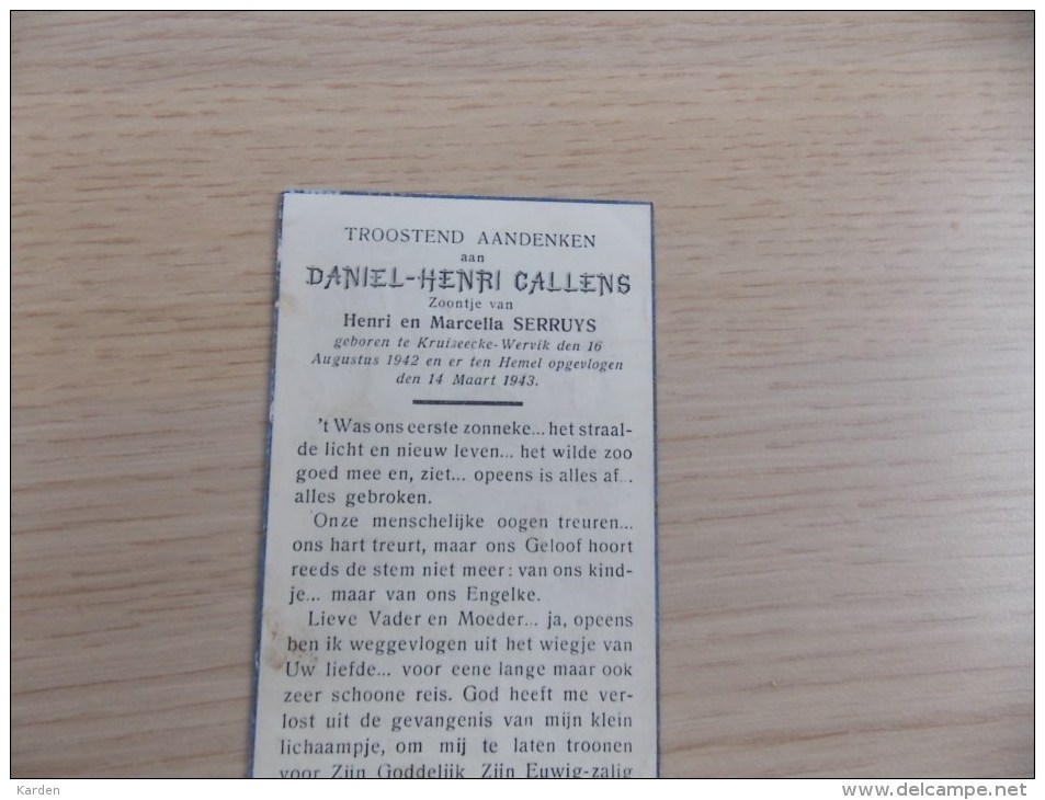 Doodsprentje Daniel Henri Callens Wervik 16/8/1942 - 14/3/1943 ( Z.v. Henri En Marcella Serruys) - Religión & Esoterismo