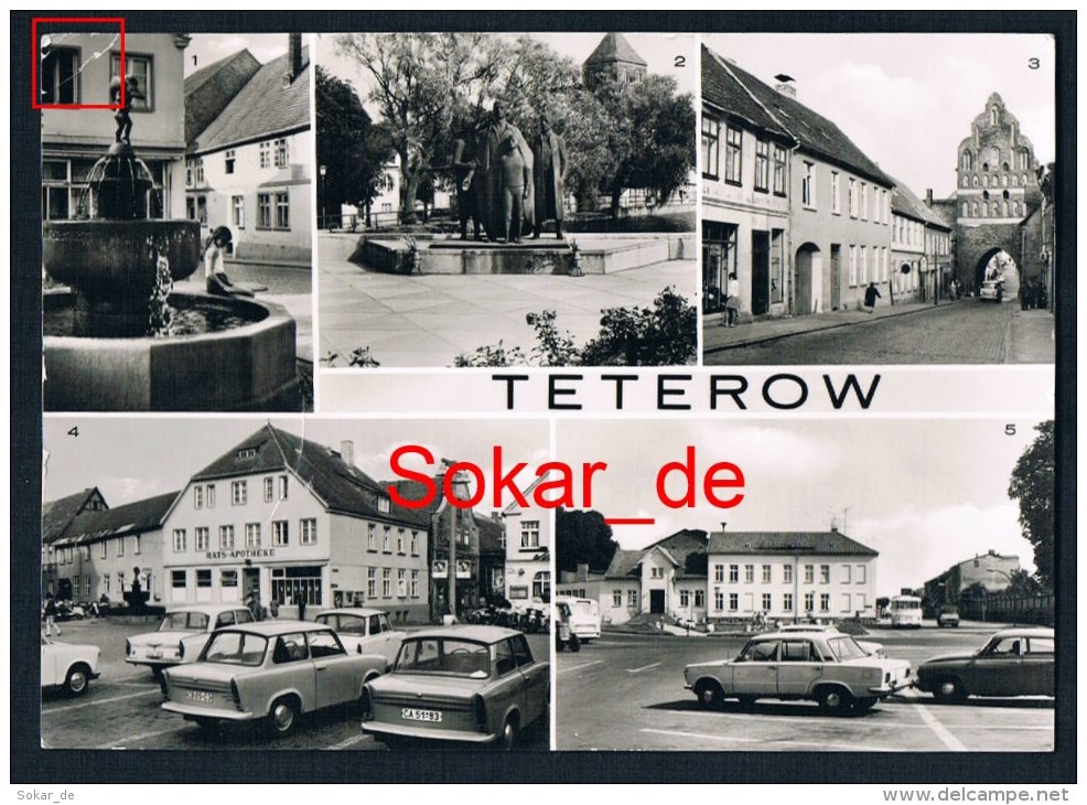 AK Teterow 1975, Hechtbrunnen, Apotheke, Marktplatz, Kulturhaus, Oldtimer, Mecklenburg-Vorpommern, Autos - Teterow