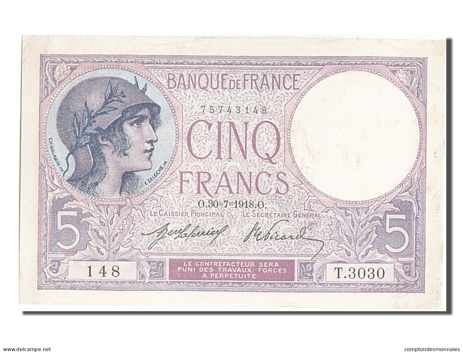 Billet, France, 5 Francs, 5 F 1917-1940 ''Violet'', 1918, 1918-07-30, TTB+ - 5 F 1917-1940 ''Violet''