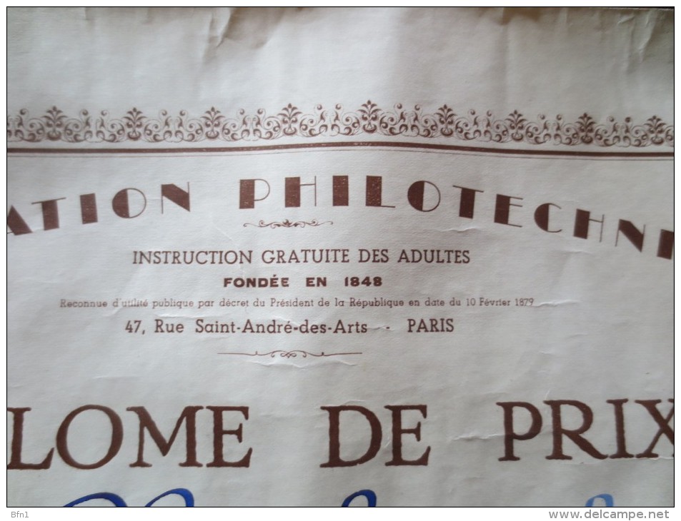 DIPLÔME DE PRIX - 1949- ASSOCIATION PHILOTECHNIQUE - VOIR PHOTOS - Diploma's En Schoolrapporten