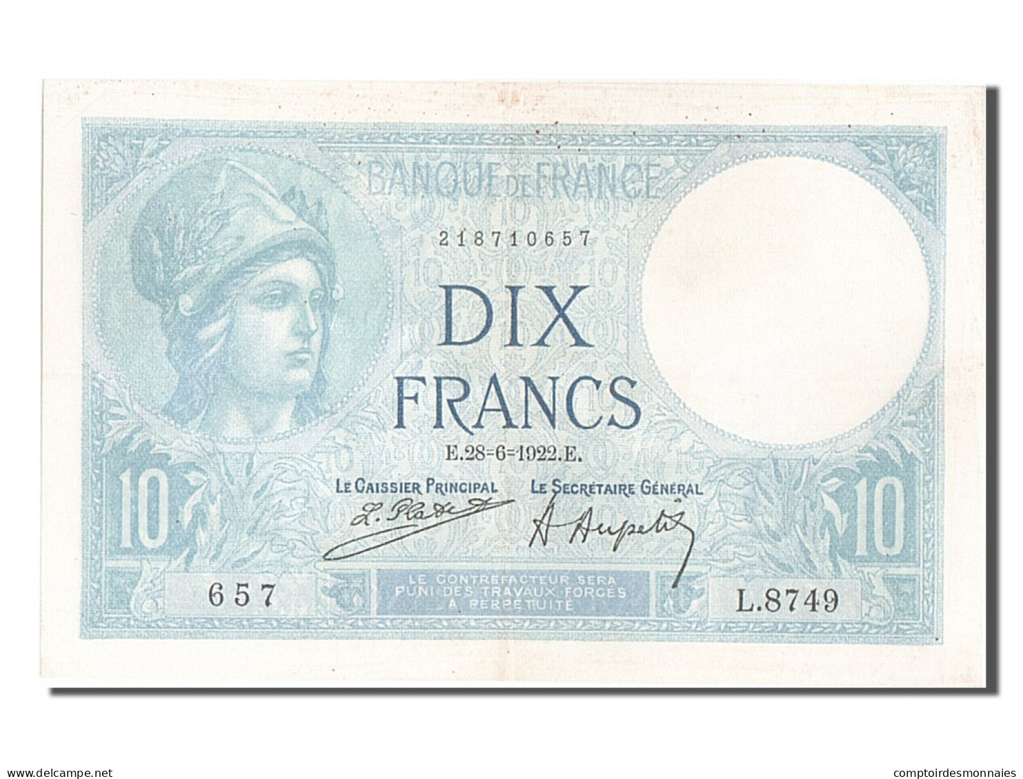 Billet, France, 10 Francs, 10 F 1916-1942 ''Minerve'', 1922, 1922-06-28, SUP+ - 10 F 1916-1942 ''Minerve''