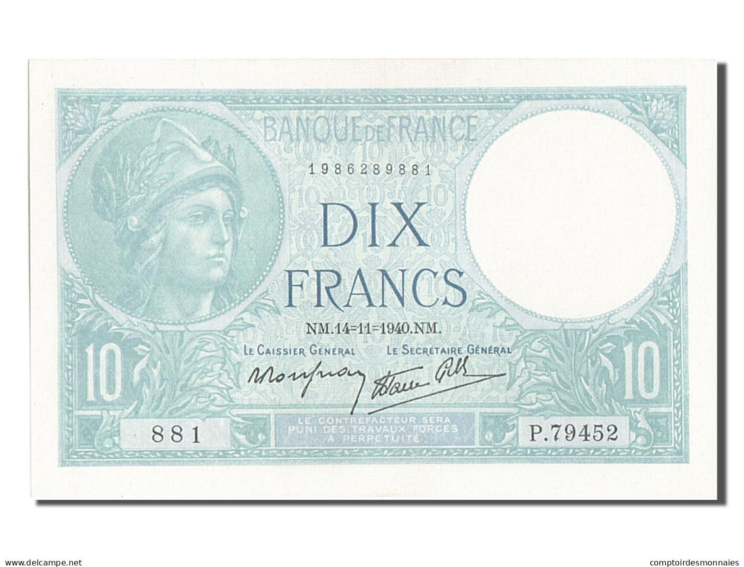 Billet, France, 10 Francs, 10 F 1916-1942 ''Minerve'', 1940, 1940-11-14, NEUF - 10 F 1916-1942 ''Minerve''