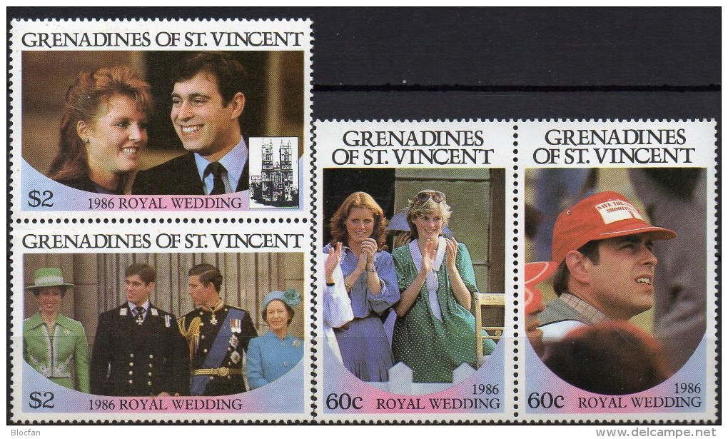 Erinnerungsblatt Hochzeit 1986 Sarah/Andrew Grenadinen 497/0ZD+GBl ** 20€ Charles,Lady Di/Familie Honey-moon Set Vincent - St.Vincent (1979-...)