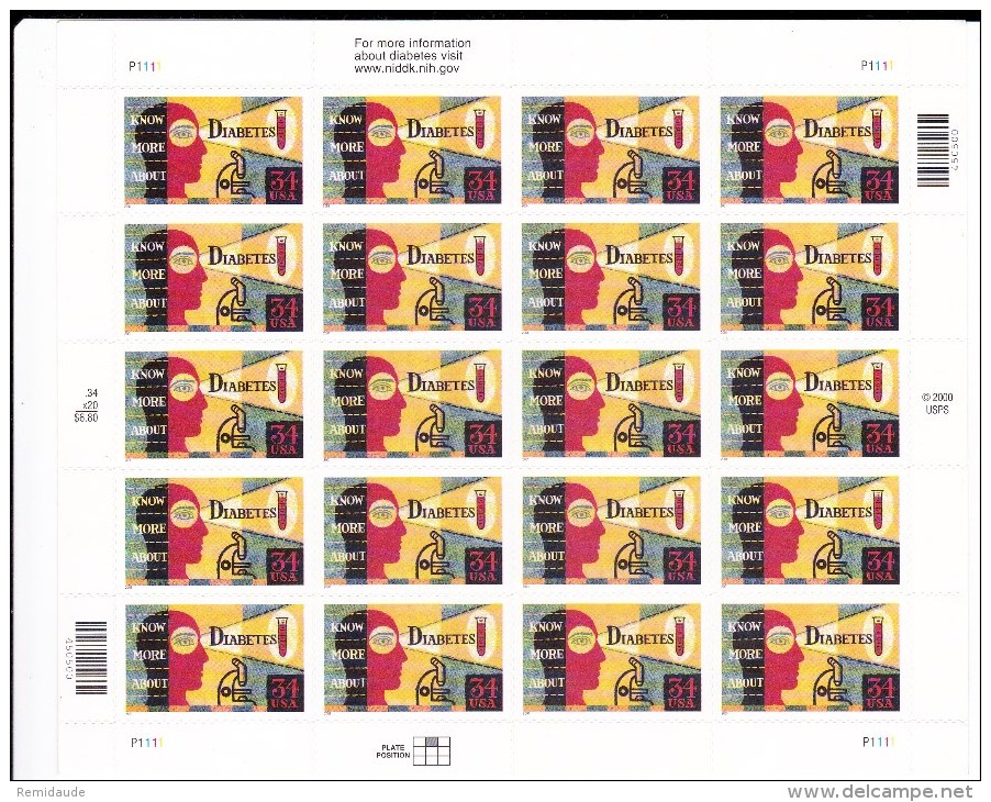 USA - 2001 - FEUILLE MiNr. 3443 ** - MEDECINE - LUTTE CONTRE LE DIABETE - Unused Stamps