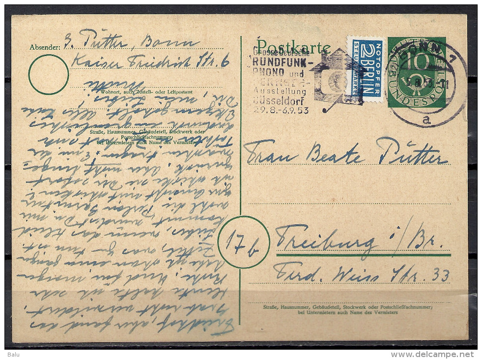 Deutschland Ganzsache Mi P 12 II 10 Pf. Ziffer OHNE Druckvermerk Notopfer Berlin P12 Bonn Nach Freiburg 5.8.53 P12 - Postcards - Used