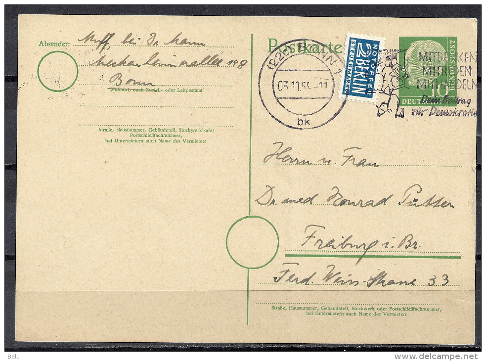 Deutschland Ganzsache 1954 Michel Nr. P 19 10 Pf. Heuss + Notopfer Berlin Von Bonn Nach Freiburg 3.11.54 P19 - Cartes Postales - Oblitérées