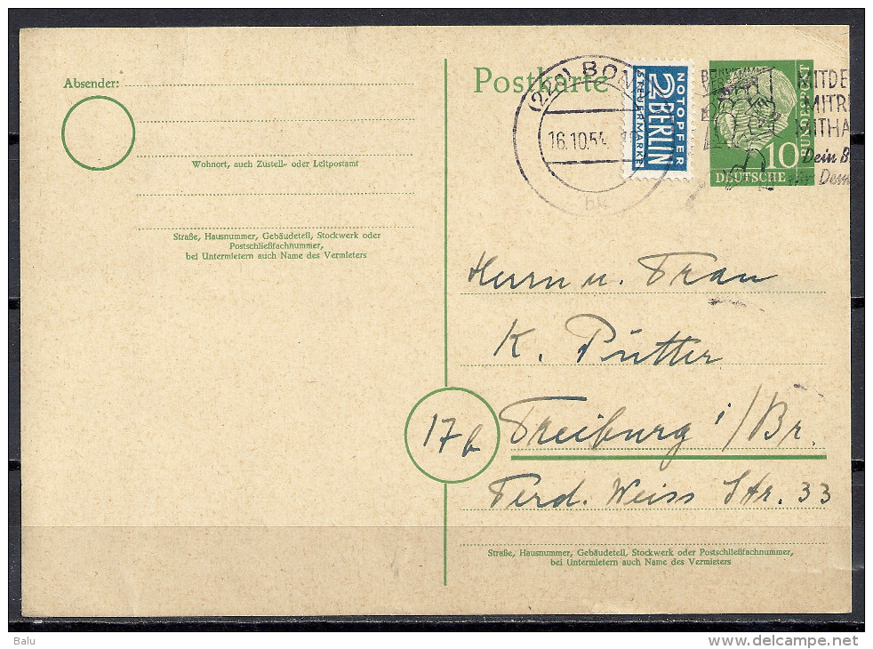 Deutschland Ganzsache 1954 Michel Nr. P 19 10 Pf. Heuss + Notopfer Berlin, Von Bonn Nach Freiburg 16.10.54 P19 - Postkarten - Gebraucht
