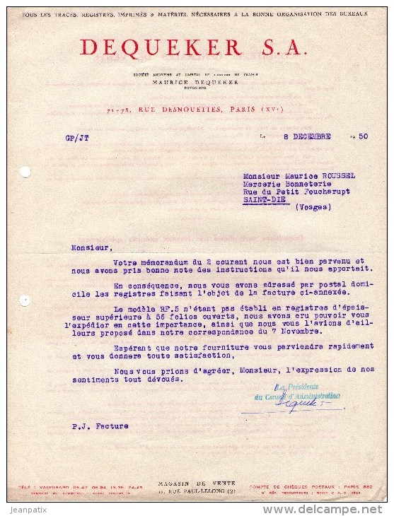 Facture Lettre (1950) - Papeterie DEQUEKER  - PARIS (XVème) - 1900 – 1949