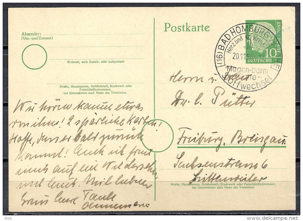 Deutschland Ganzsache 1955 Michel P 26 10 Pf. Heuss Sonderstempel Bad Homburg Magen-Darm-Galle-Stoffwechsel 20.11.56 P26 - Cartes Postales - Oblitérées