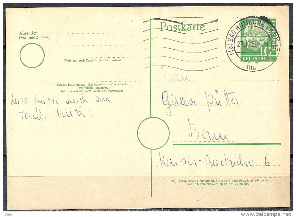 Deutschland Ganzsache 1955 Michel Nr. P 26 10 Pf. Heuss Bad Homburg 21.11.56 Nach Bonn P26 - Postkarten - Gebraucht