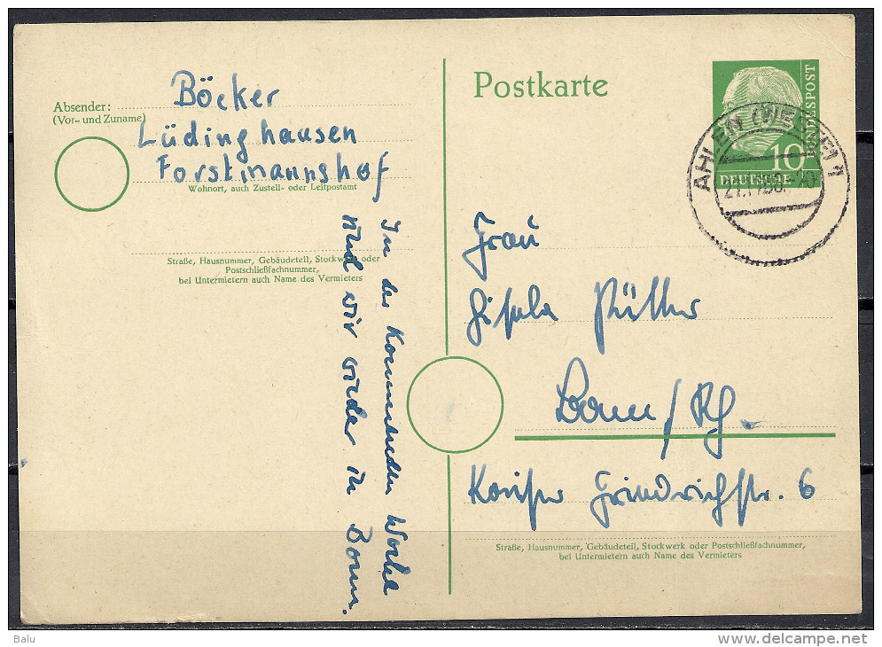 Deutschland Ganzsache 1955 Michel Nr. P 26 10 Pf. Heuss Ahlen 1956 P26 - Cartes Postales - Oblitérées