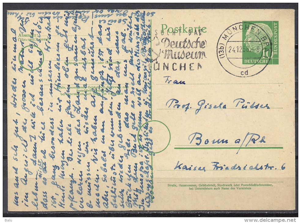 Deutschland Ganzsache 1955 Michel Nr. P 26 10 Pf. Heuss Von München Nach Bonn 24.12.56 P26 - Postcards - Used