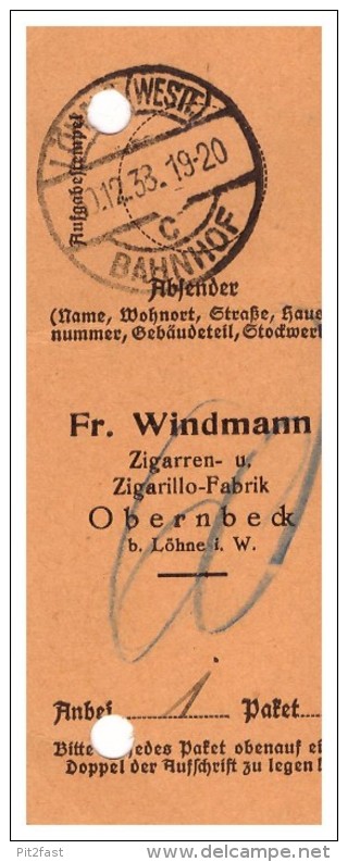 Post - Paketschein , Zigarrenfabrik Windmann In Obernbeck B. Löhne I.W., 1938 , Cigarren , Zigarillo !!! - Löhne